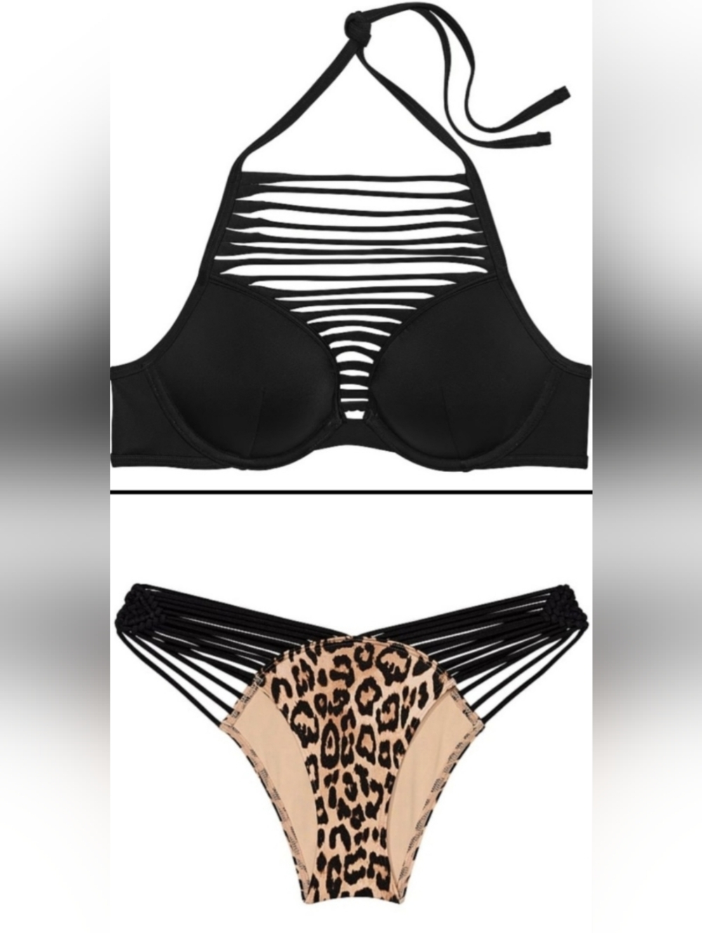 32A/XS VS Archives Swim Sexy Tee Macrame Brazilian Bikini Set Black Leopard